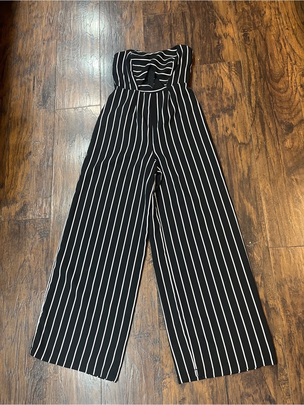 Forever 21 Black and White Striped Strapless Wide-Leg Jumpsuit